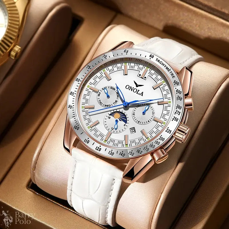 ONOLA Men's Automatic Luxury Sport Watch - Multifunctional, Luminous, Moon Phase, Leather Strap Barry Polo