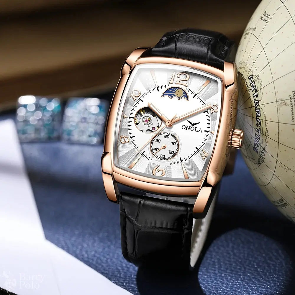 ONOLA Men's Luxury Quartz Watch - Square Case, Moon Phase, Multiple Time Zones, Waterproof, Leather Strap Barry Polo
