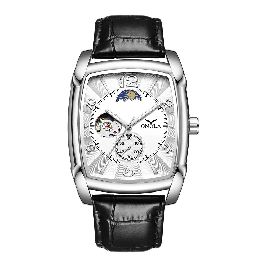 ONOLA Men's Luxury Quartz Watch - Square Case, Moon Phase, Multiple Time Zones, Waterproof, Leather Strap Barry Polo