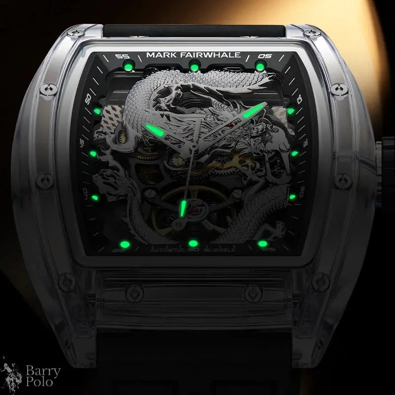 Mark Fairwhale 6990 Men Automatic Watch  Acrylic Case Luminous Skeleton Dragon Dial Tonneau Mechanical Wristwatch