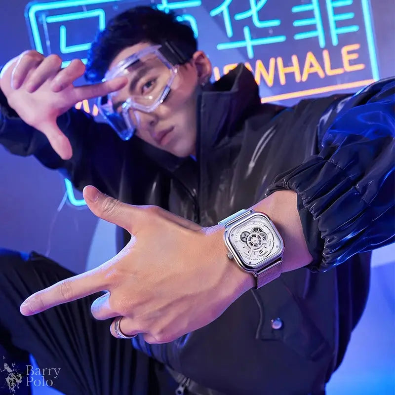 Mark Fairwhale 6500 Men Automatic Watch Square Luxury Watches Waterproof Luminous Skeleton Fashion Mechanical Wristwatch